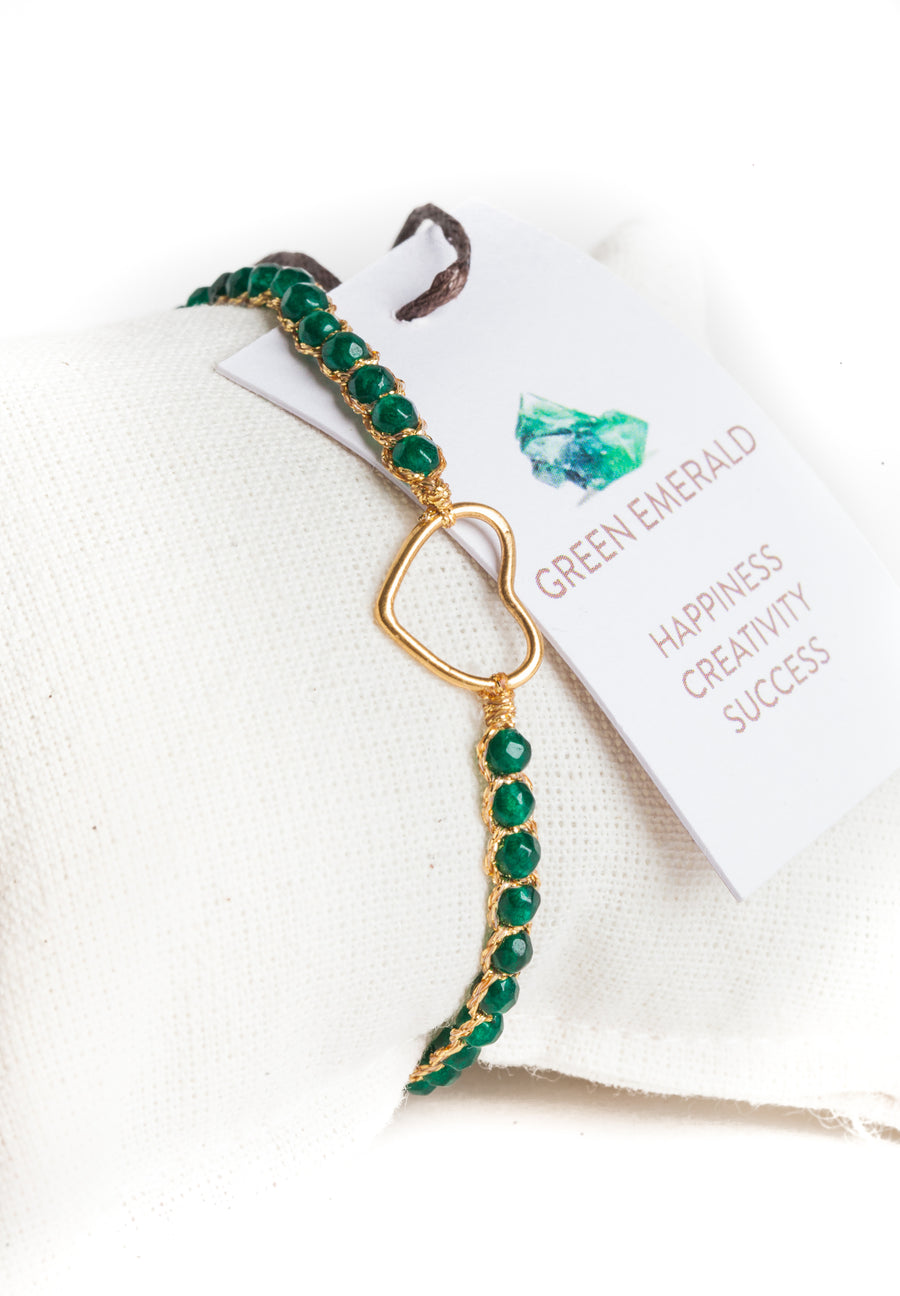 Green Emerald Agate Heart Bracelet | Gold